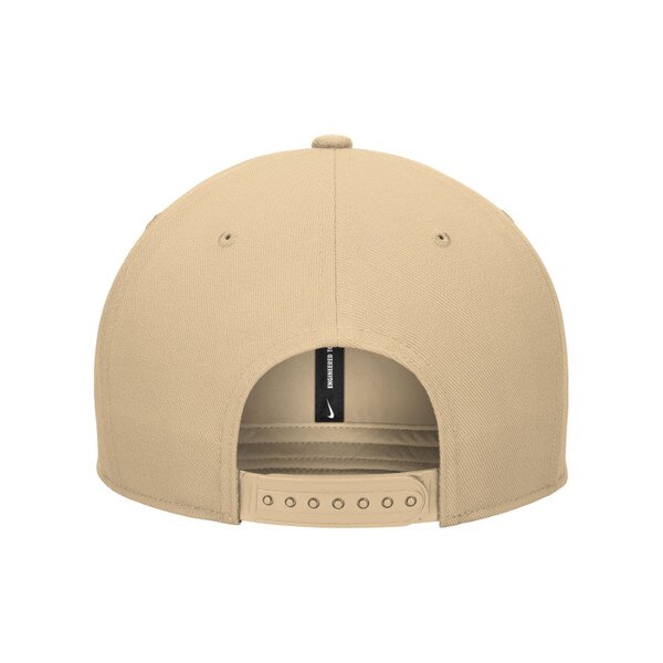 Back view of tan snapback hat with adjustable strap and Nike tag inside
